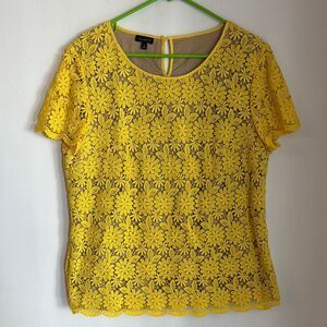 Talbots Women’s bright Yellow Floral short sleeve tan Lace Blouse size 16 EUC